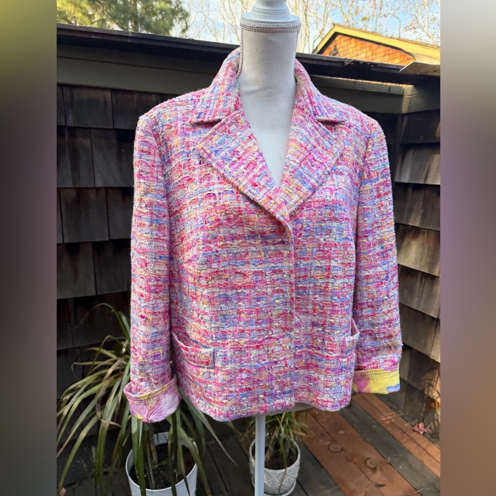 Escada tweed blazer jacket pastels silk floral lining Sz 44 L pinks yellows - Picture 2 of 13
